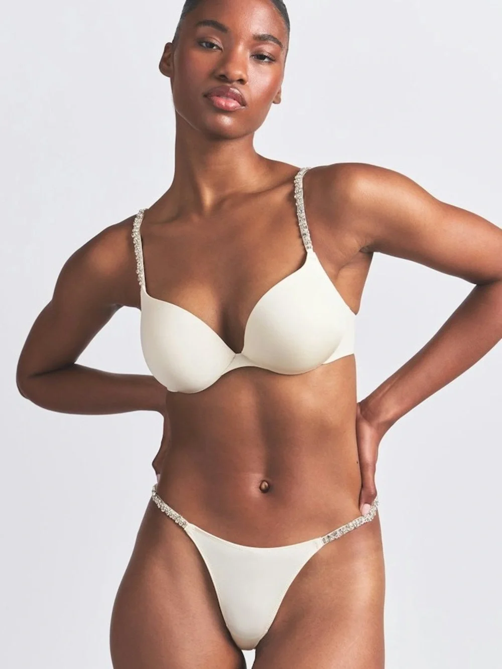 SKIMS ULTIMATE RHINESTONE STRAP PUSH UP BRA ECRU 36D